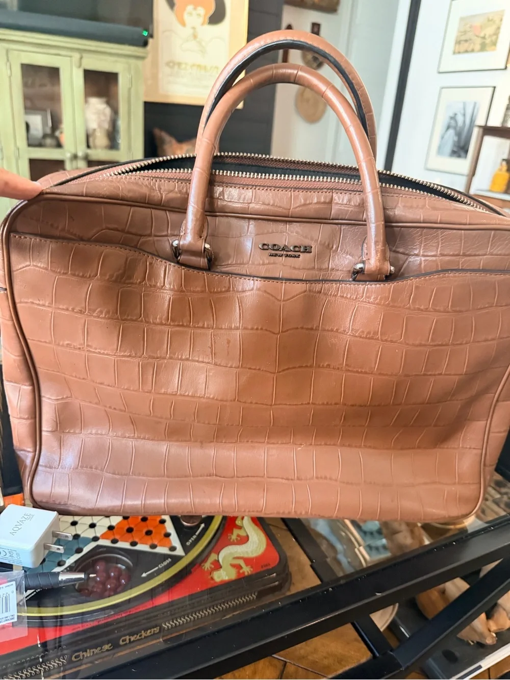 Coach Men's Croc-Embossed Leather Briefcase in Tan Brown